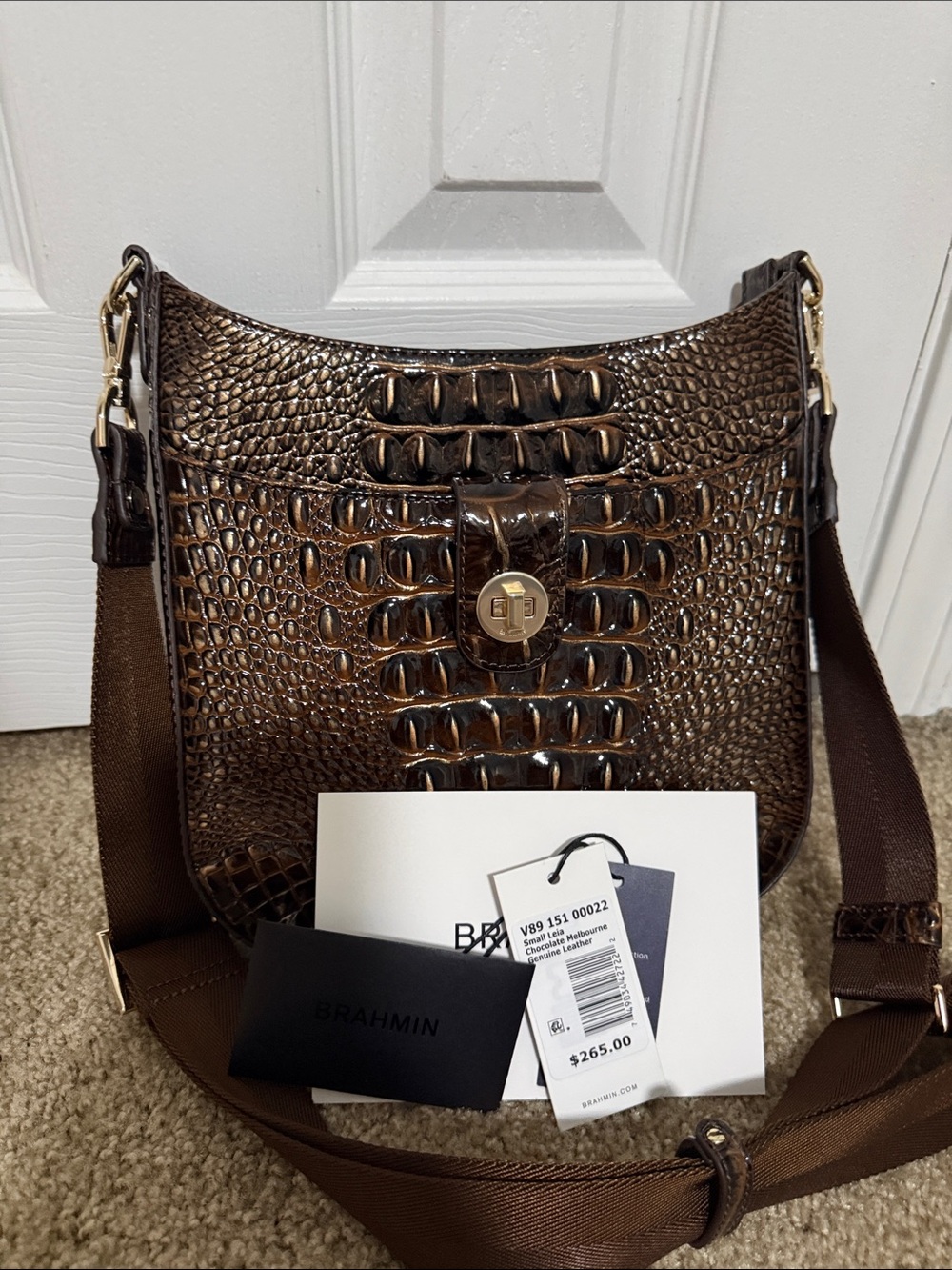 Brahmin Dark Brown Croc-Embossed Leather Shoulder Bag